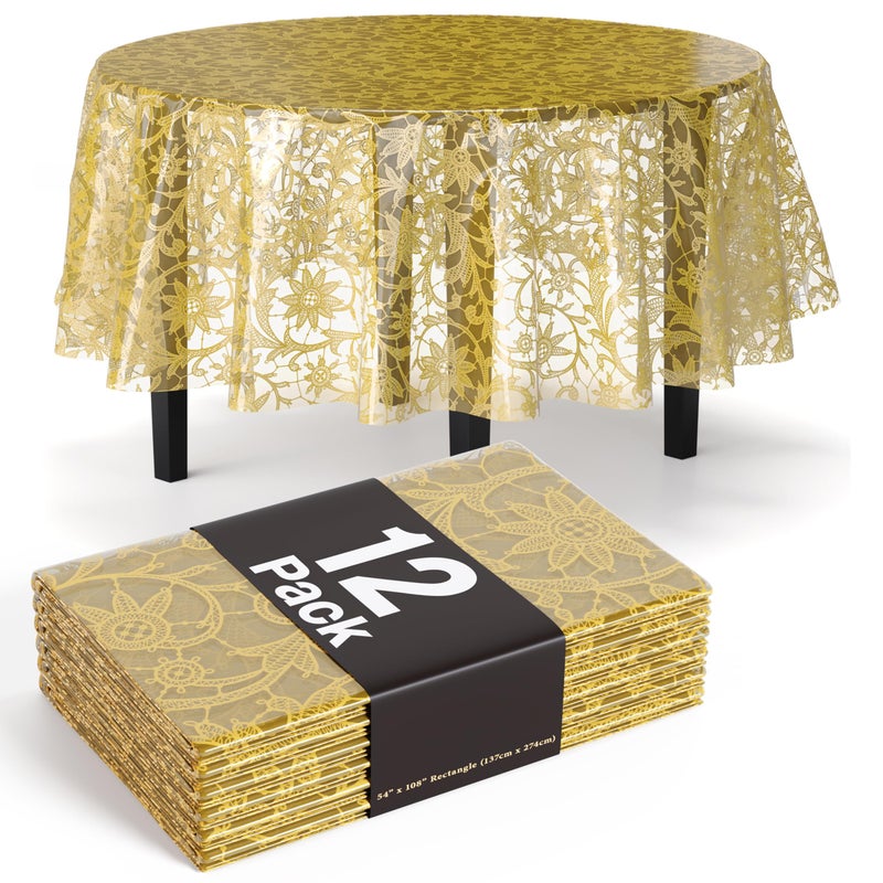Exquisite Lace Table Cloth Round Table Plastic 12-Pack Lace Tablecloth Round 84" | Clear & Gold Floral Tablecloth Disposable | Wild Flower Party Decorations & Party Supplies - Image 1